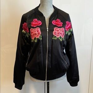 ENDLESS ROSE Floral Embroidered Satiny Bomber Varsity Statement Jacket, Size M